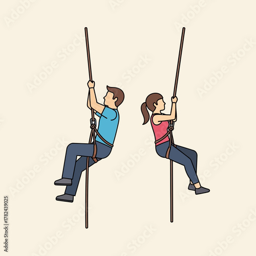 Two people climbing poles with safety harnesses illustration active lifestyle.