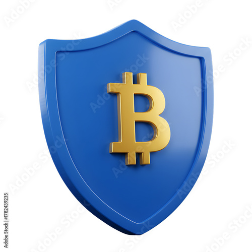 Bitcoin symbol on a blue shield 3D render cryptocurrency security concept