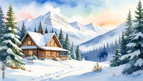 Cozy wooden cabin nestled in a snowy winter landscape.