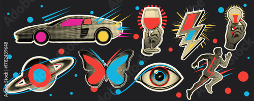 A set of halftone colorful retro pop art stickers featuring a car, butterfly, eye, and lightning bolt, vector illustration