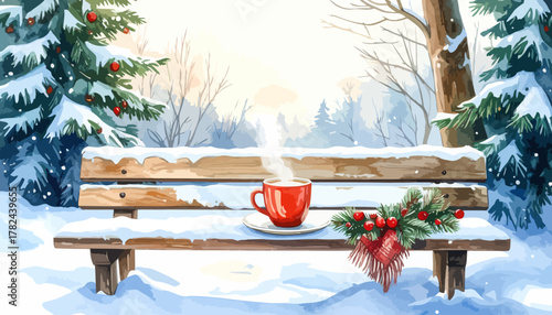 Steaming red mug on a snowy wooden bench with festive garland.