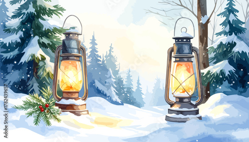 Two vintage glowing lanterns sitting in the fresh winter snow.