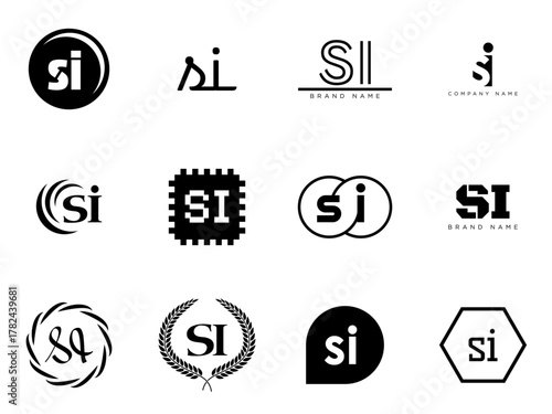 SI logo company template. Letter s and i logotype. Set different classic serif lettering and modern bold text with design elements. Initial font typography.