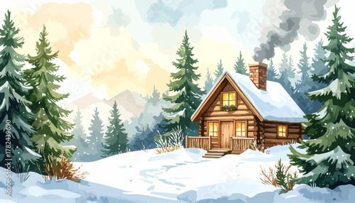 Cozy wooden cabin nestled in a snowy winter wonderland scene.