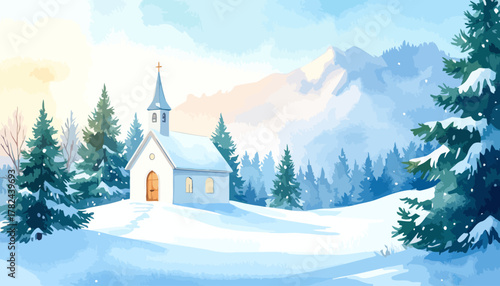 Small white country church with glowing windows in snow.