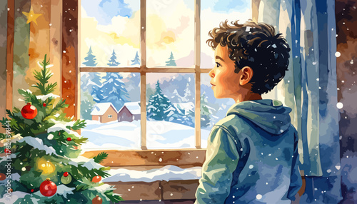 Young boy gazing out of window at winter wonderland scene.