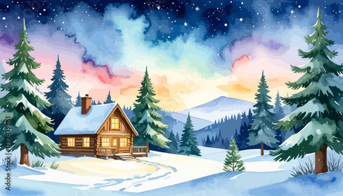 Cozy wooden cabin nestled in a serene snowy winter landscape.