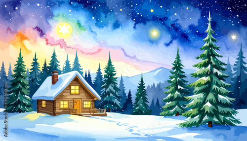 Cozy Cabin in Snowy Winter Wonderland.