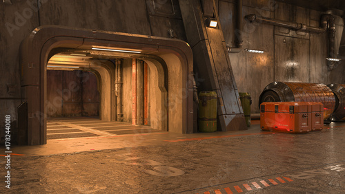 Fototapeta Naklejka Na Ścianę i Meble -  Entrance doorway to a large science fiction hangar building. 3D rendered illustration.