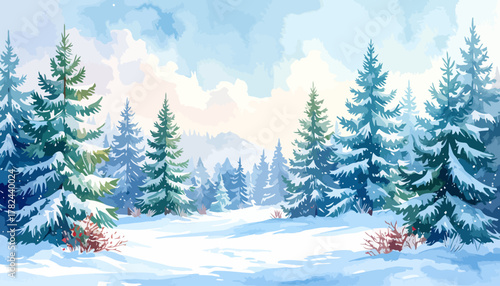 Snow-covered evergreen trees in a winter landscape watercolor painting.