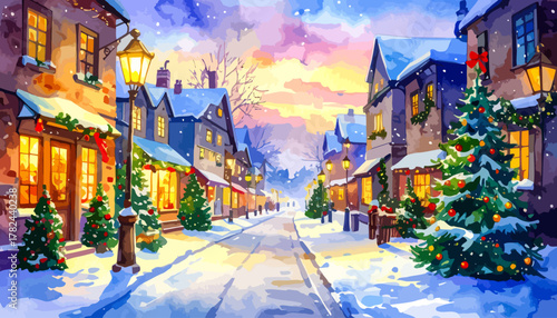 Charming Snowy Christmas Village Street Scene Watercolor Painting.