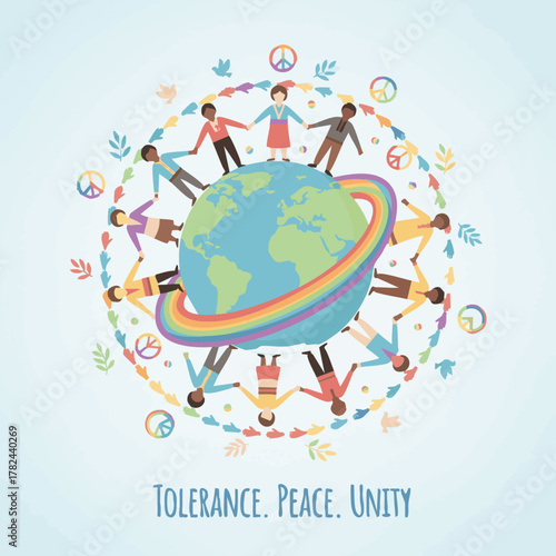 People of diverse backgrounds holding hands around the world promoting unity, peace, and tolerance