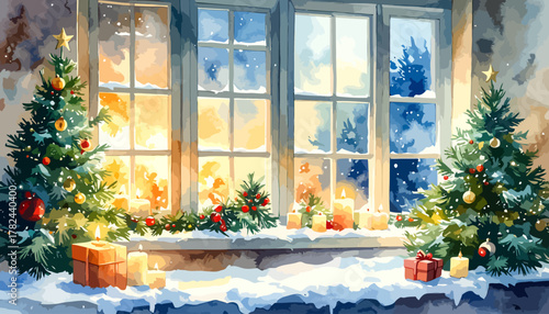 Christmas Window Scene with Decorated Trees and Gifts.