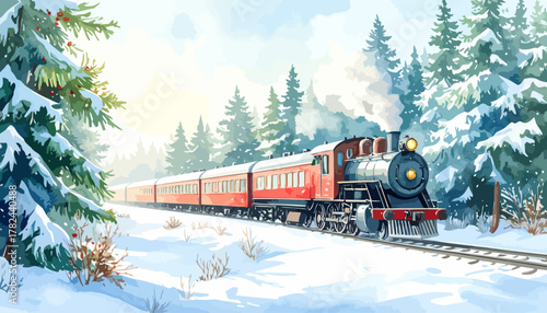 Classic steam locomotive train with passenger cars on tracks.