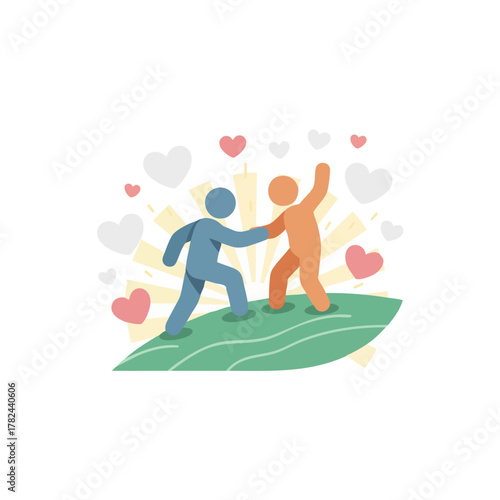 Helping hand illustration, depicting support and connection between two individuals with hearts