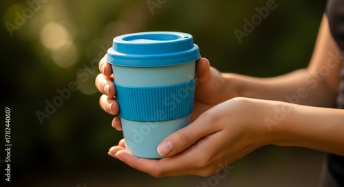Hands holding a modern eco-friendly reusable coffee cup outdoors
