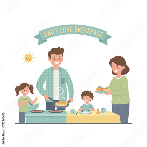 A happy family with a mother, father, son, and daughter cooking and eating a pancake breakfast together in the kitchen