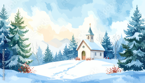 Charming Winter Church Scene with Snow-Covered Trees.