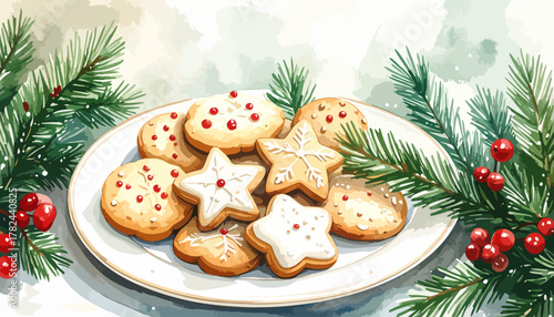 Festive Christmas Cookies on a Plate, Watercolor Illustration.