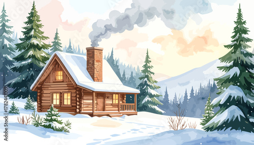 Cozy Log Cabin in Winter Wonderland with Smoke Rising.
