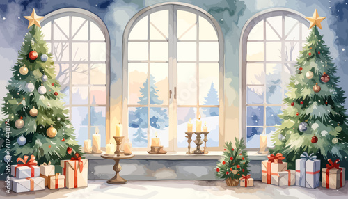 Christmas trees with gifts and decorations in a room.