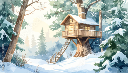 Cozy wooden treehouse nestled in a snowy forest.