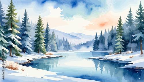 Watercolor painting of a serene winter river landscape with snowy trees.