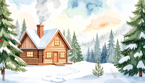 Cozy wooden log cabin with a smoking chimney in a winter scene.