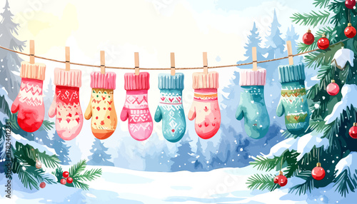 Colorful Christmas Mittens Hanging on a Clothesline in Snowy Forest.