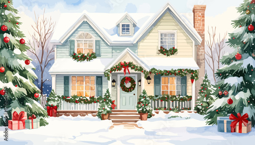 Festive Christmas House Decorated with Garlands and Wreaths in Winter.