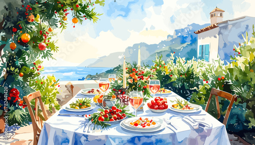 Elegant outdoor dining table set for a feast with fresh fruits and vegetables.