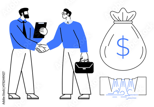 Two professionals shaking hands with documents and briefcase, money bag symbolizing wealth, and waterfall representing financial flow. Ideal for partnership, finance, success, negotiation