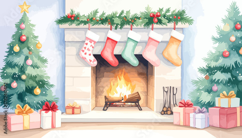 Festive Christmas fireplace scene with stockings and decorated trees.