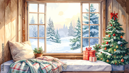 Cozy Christmas window seat with a decorated tree and gifts.
