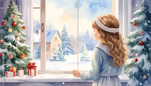 Young girl with long wavy hair looking out a window.