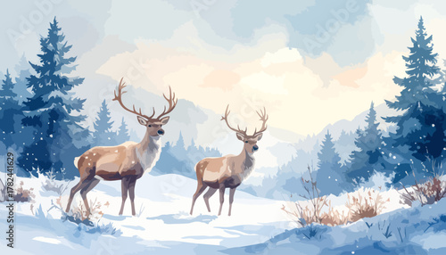 Two Majestic Deer in a Winter Wonderland Watercolor Painting.