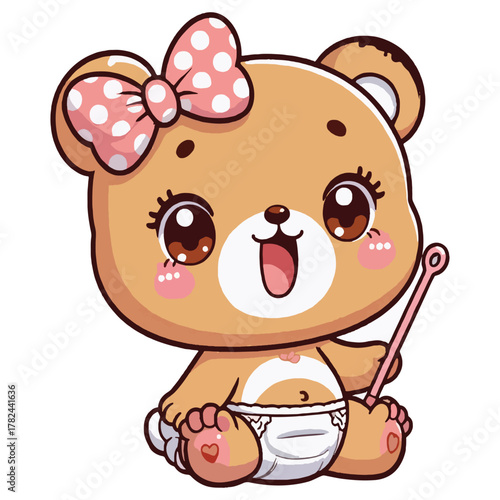 Adorable baby bear cub wearing a pink polka dot bow and diaper