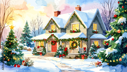 Festive Christmas house with snow and decorations, holiday season.
