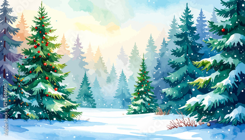 Watercolor painting of a serene winter forest with snow-covered pine trees.