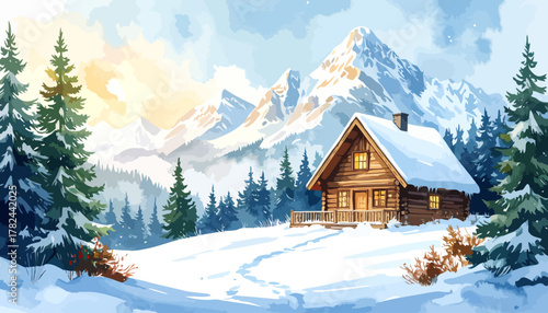 Cozy wooden cabin nestled in a serene snowy winter landscape.