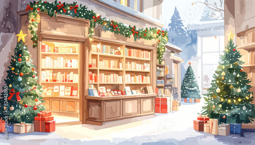 Christmas bookstore decorated with festive ornaments and lights.