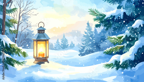 Vintage lantern glowing warmly in a serene snowy winter forest scene.