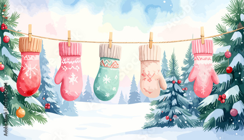 Colorful knitted mittens hanging on a clothesline in winter.