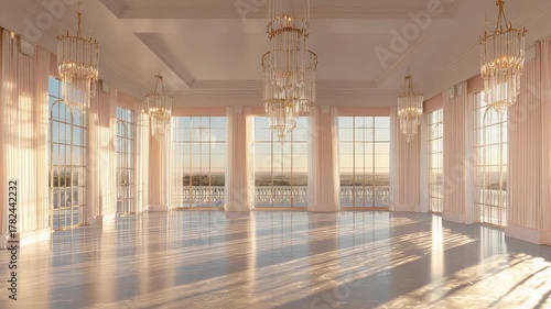 Elegant Ballroom with Crystal Chandeliers and Panoramic Sunset View Through Tall Windows Bathed in Golden Light