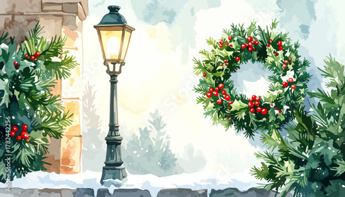 Vintage Street Lamp and Christmas Wreath Decoration.