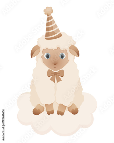 Cute lamb wearing a hat and a bow, sitting on a little cloud . Lamb illustration in neutral beige tones for childrens design, baby shower decoration, nursery prints, and greeting cards.