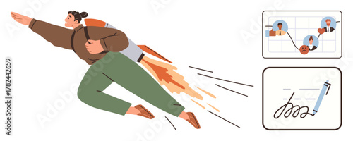 Person flying with a rocket backpack, trajectory chart with connected icons, and handwriting. Ideal for innovation, success, motivation, personal growth, planning leadership aspiration. Simple flat