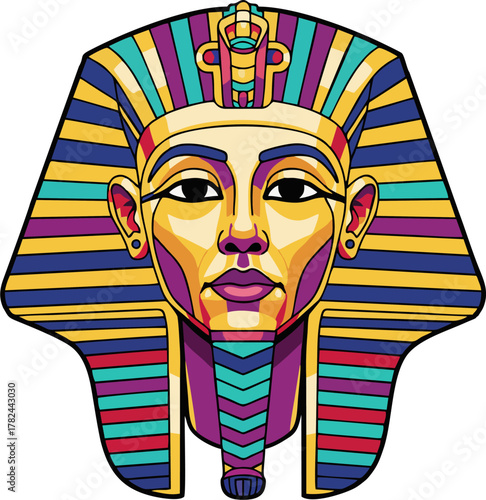 Pop Art Pharaoh Mask Vector Illustration – Colorful Ancient Egyptian King Tut Nemes Headdress in Bold Stripes