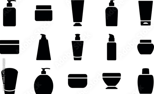 Collection of black cosmetic containers and bottles isolated on transparent background, representing beauty products, skincare, and personal care items