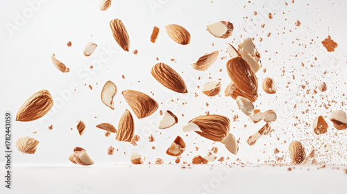 Almonds exploding in mid-air against a bright white background. the dynamic moment of almonds being crushed, showcasing the texture and detail of the nuts.